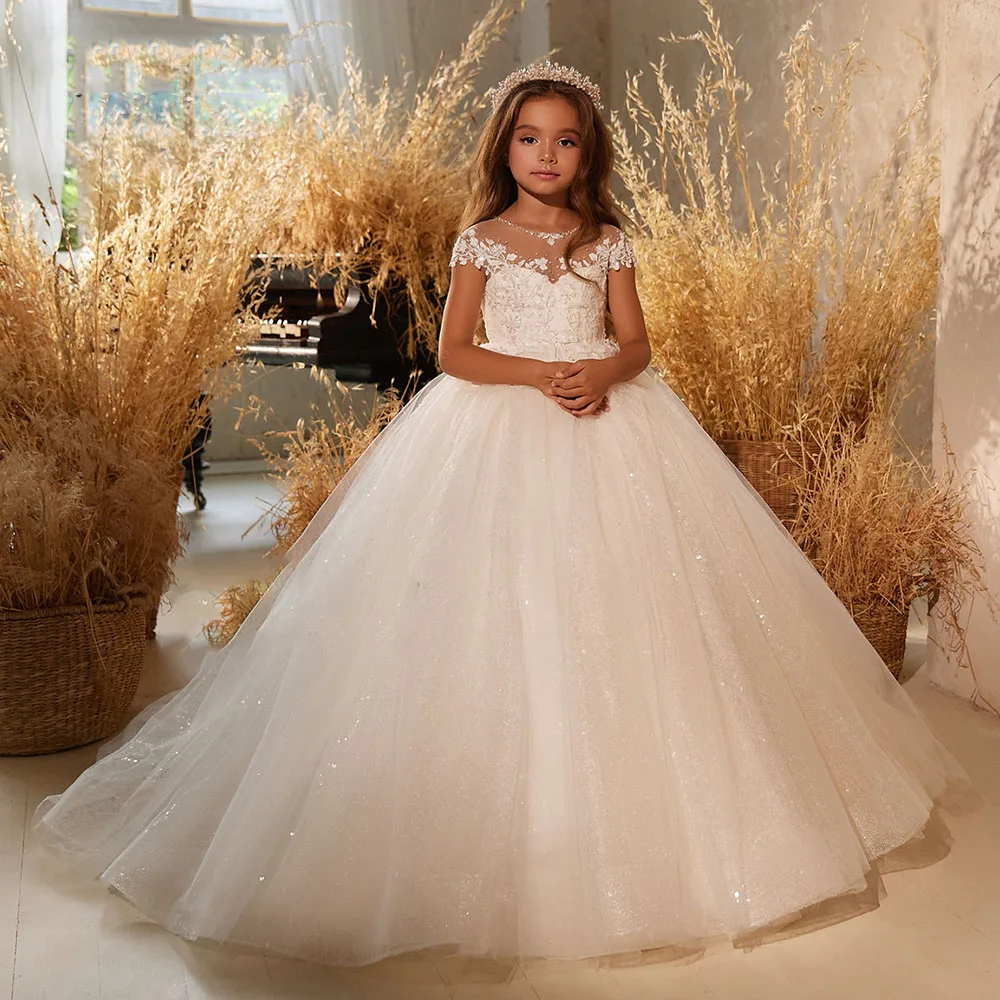 Vestido elegante de flores de marfil para niña, vestido de fiesta de cumpleaños para niños, vestido de baile de princesa, encaje de tul brillante, longitud hasta el suelo