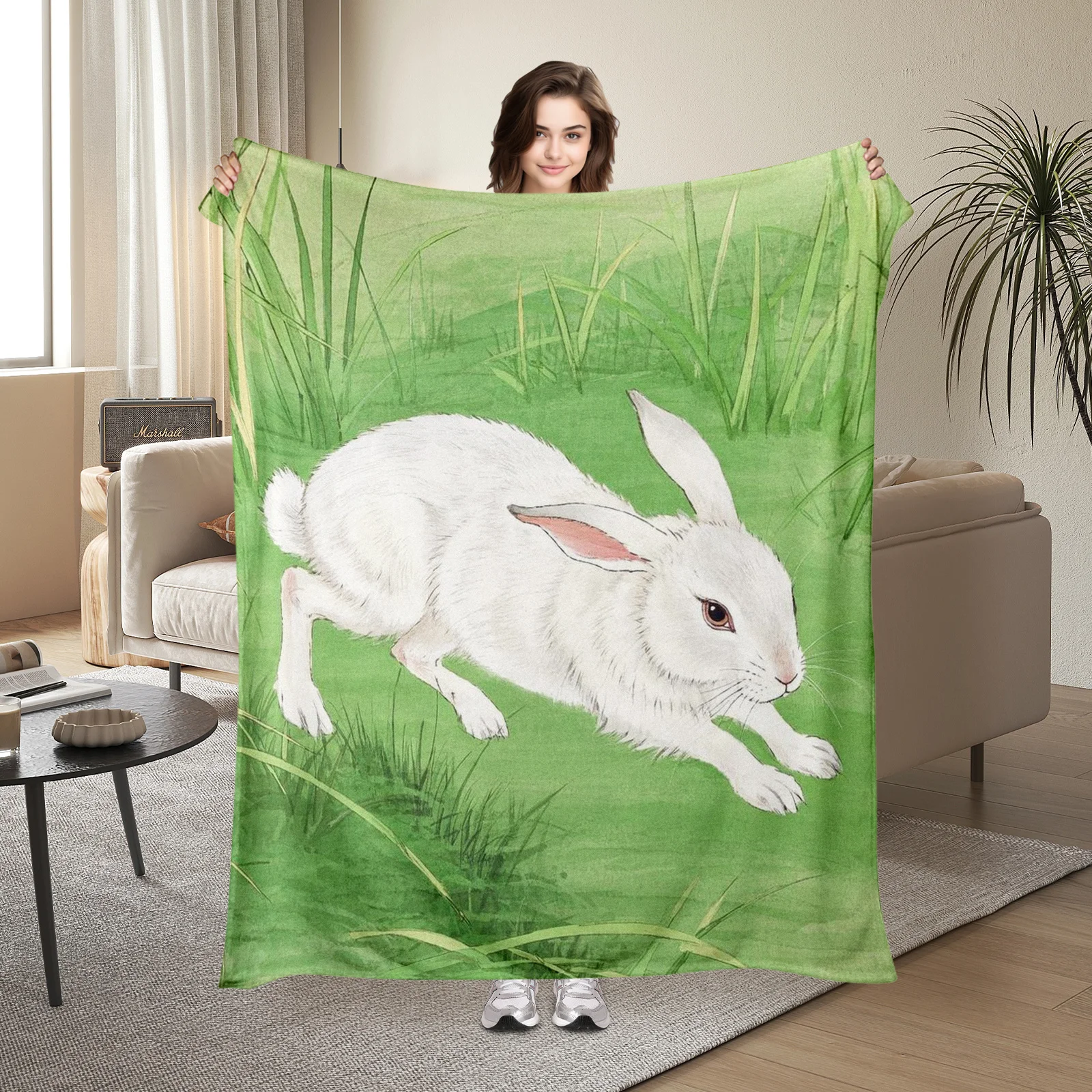 Graceful Art Meets Comfort In This Ink Wash Meadow Rabbit Theme Blanket, Ideal For Loved Ones