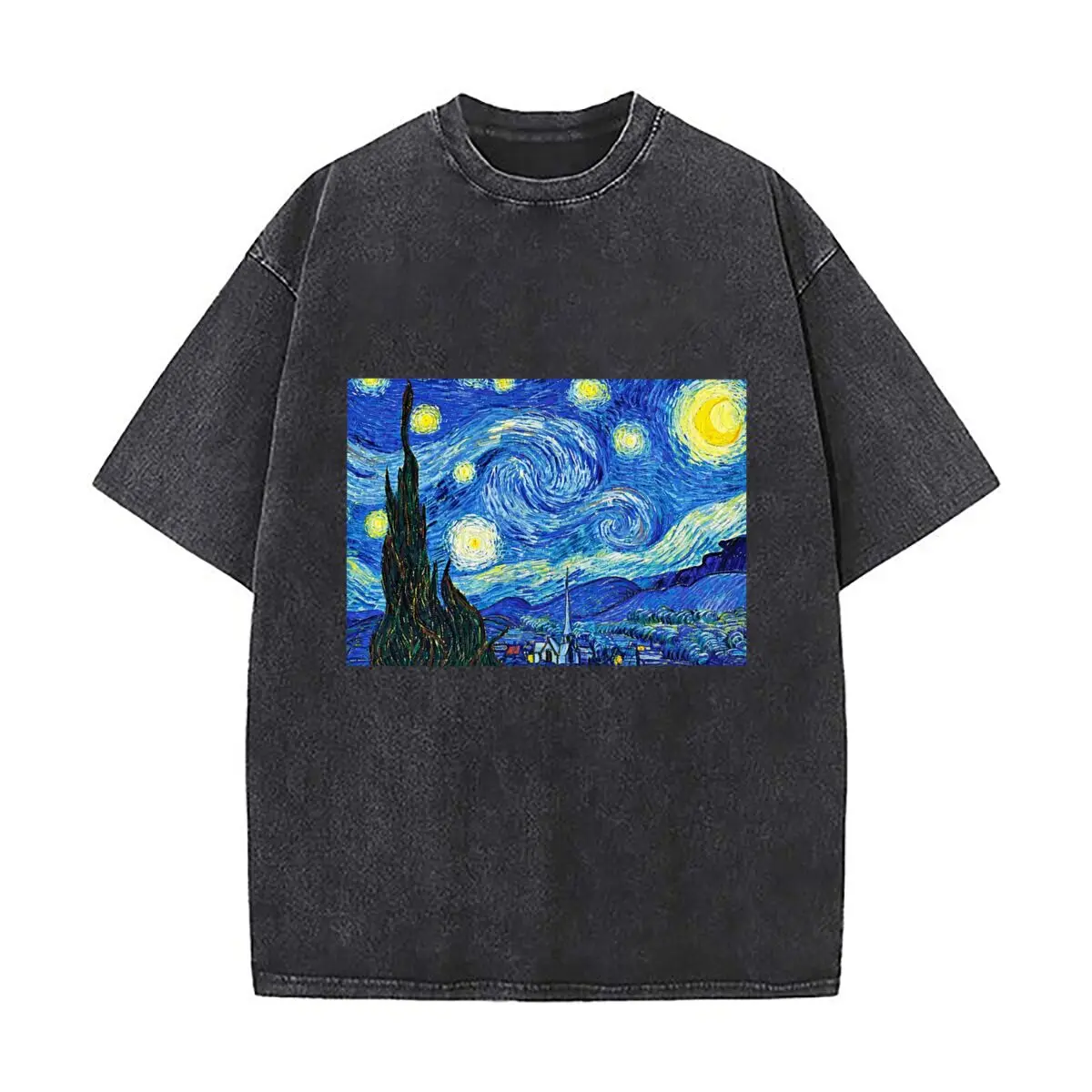 Starry Night Vincent Van Gogh Swirling Sky Painting Distressed Vintage Oversized Streetwear Tops for Coffee Dates