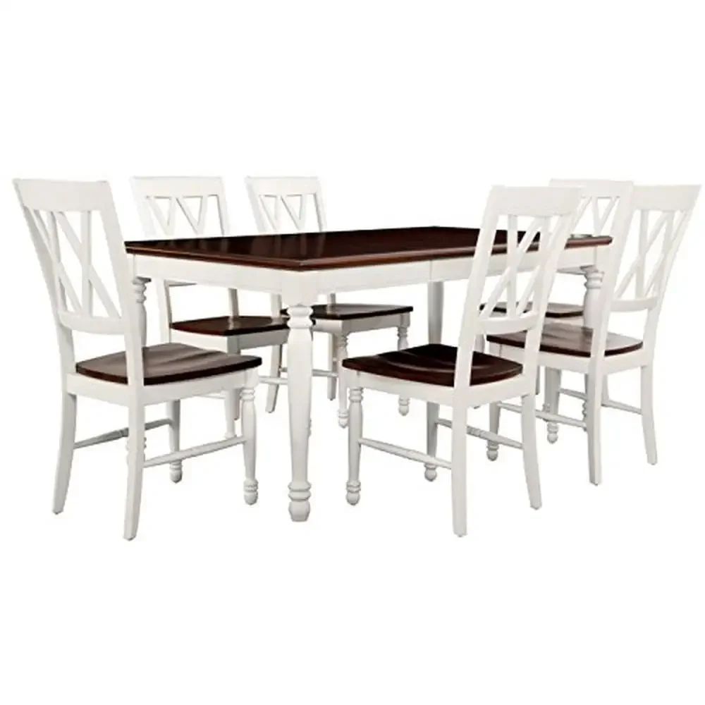 Traditional Dining Table Set 7-Piece Wooden Veneer Furniture with Carved Details and 6 Chairs Intimate Distressed White Dining