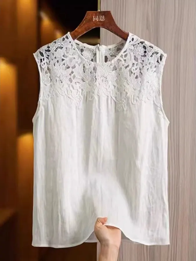 

Lace Splicing Hollow out Women's Top Svel T-irt Slimming Age-Defng Vest Summer 2025 New Design Faionable