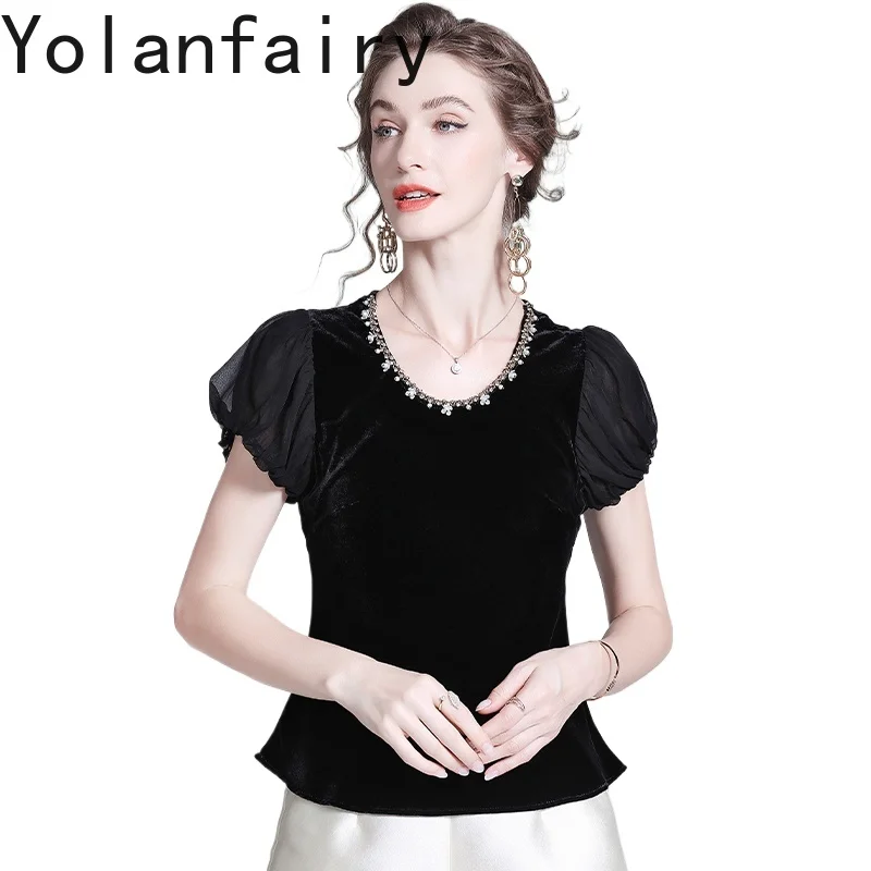 YOLANFAIRY Real Mulberry Silk Velvet T Shirts for Woman 2025 Autumn Unique O-neck Black Women Tee Shirt Elegant T Shirts Female