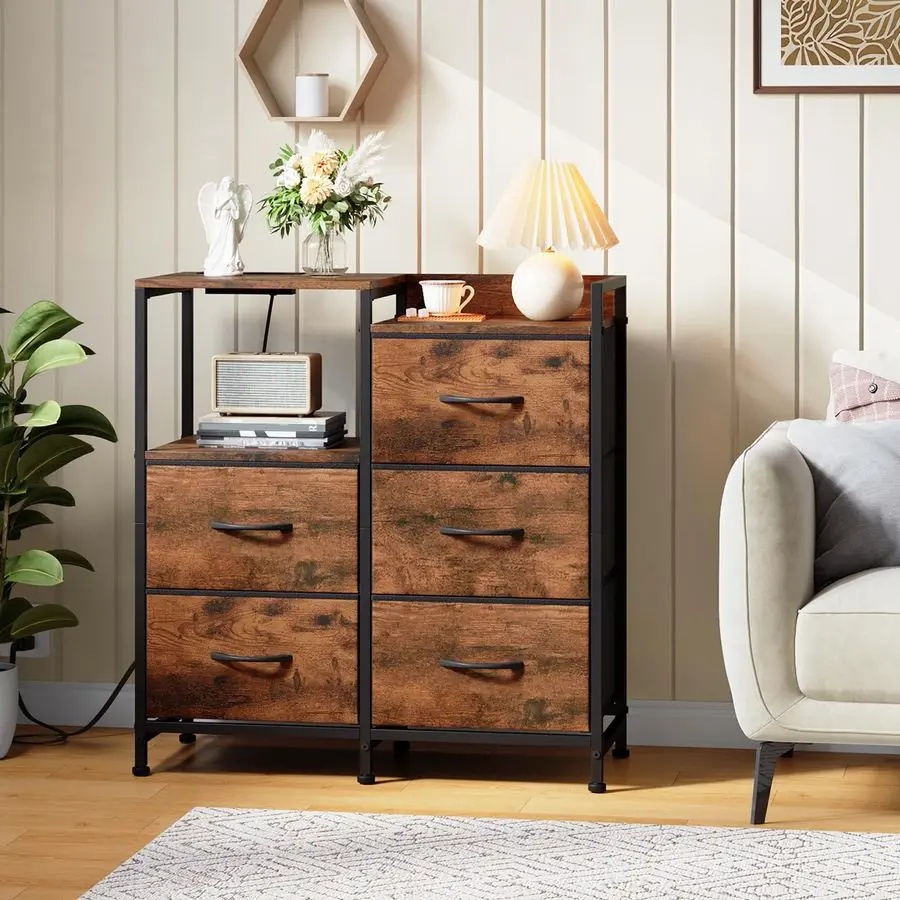 منضدة مع قاعدة شحن وإضاءة LED، خزانة واسعة ذات 5 أدراج لغرفة النوم مع صناديق قماش ورف مفتوح لغرفة النوم K