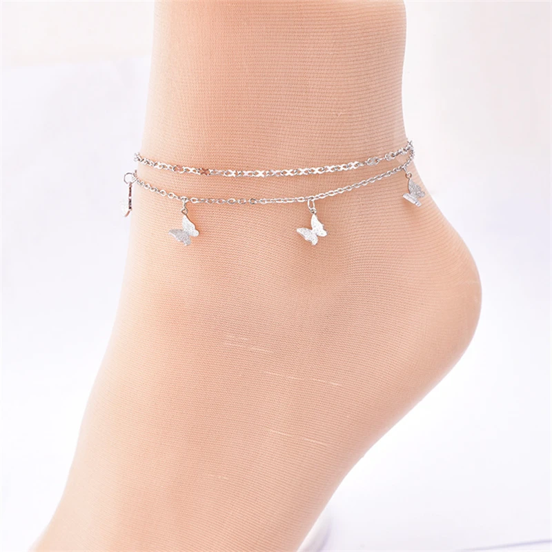 316L Stainless Steel New Fashion Jewelry 2 Layer 5 Frosted Butterflies Elegant Foot Accessories Charm Chain Anklet For Women