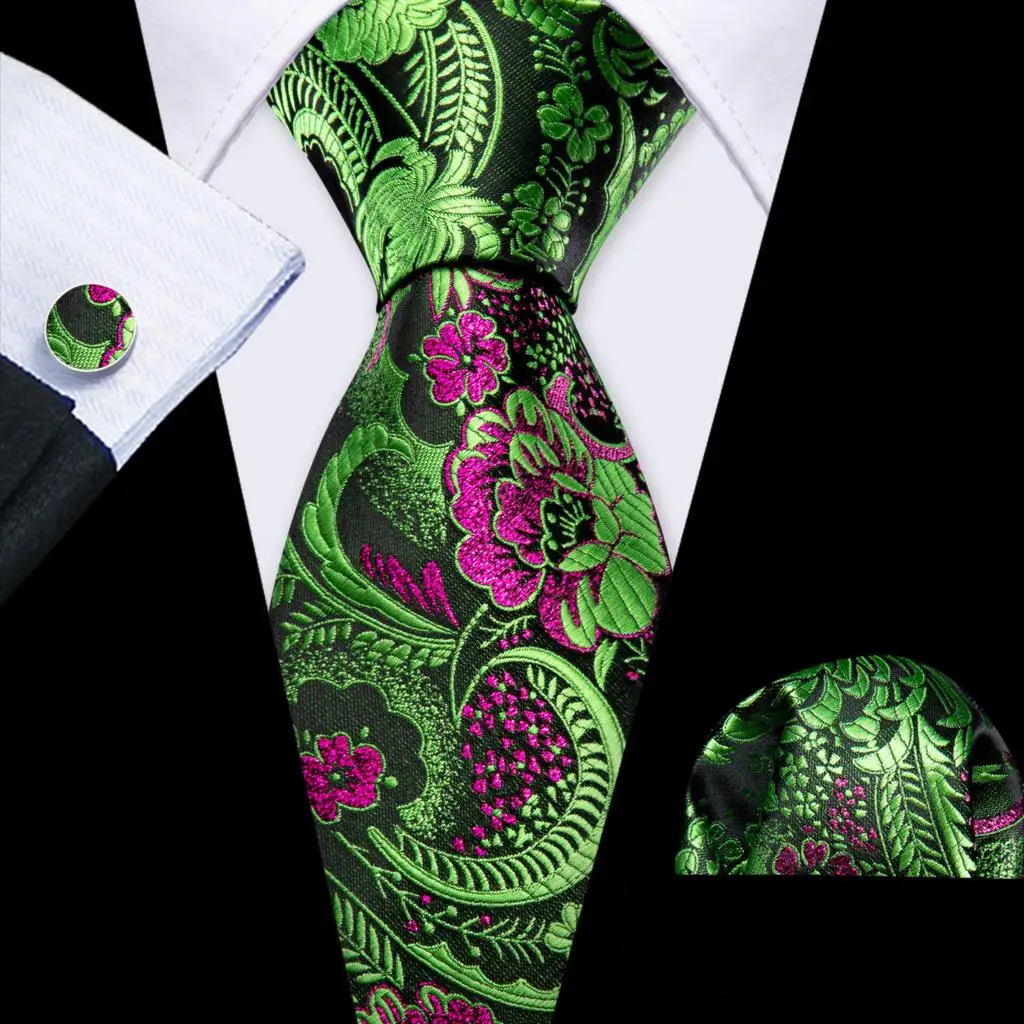 Elegante Multi Floral Seide Herren Krawatte Einstecktuch Manschettenknöpfe Set Jacquard Blume Krawatte Für Männliche Hochzeit Business Party Event Barry.Wang – Detail 13
