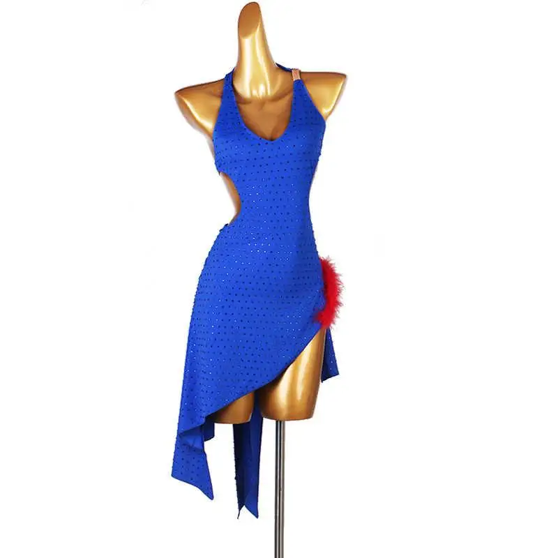 فستان رقص لاتيني أزرق مثير للنساء البالغات، تنورة أداء قاعة الرقص، ملابس الرقص للفتيات مخصصة