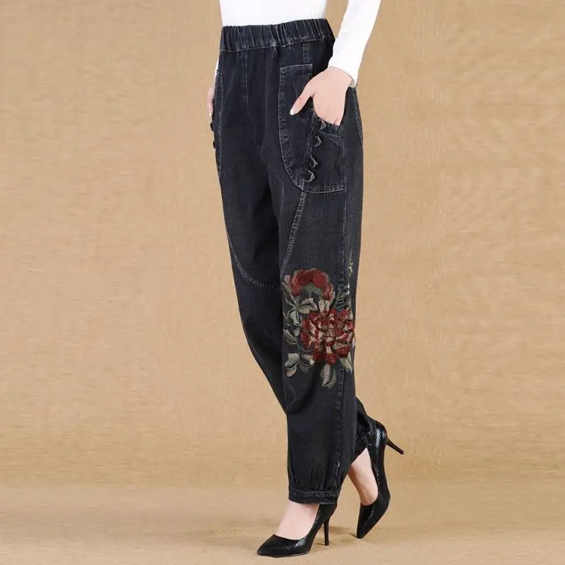 

Embroidery High Waist Baggy Jeans Women Vintage Harajuku Harlem Pants Pocket Trouser Luxury Design Casual Lantern Pants New