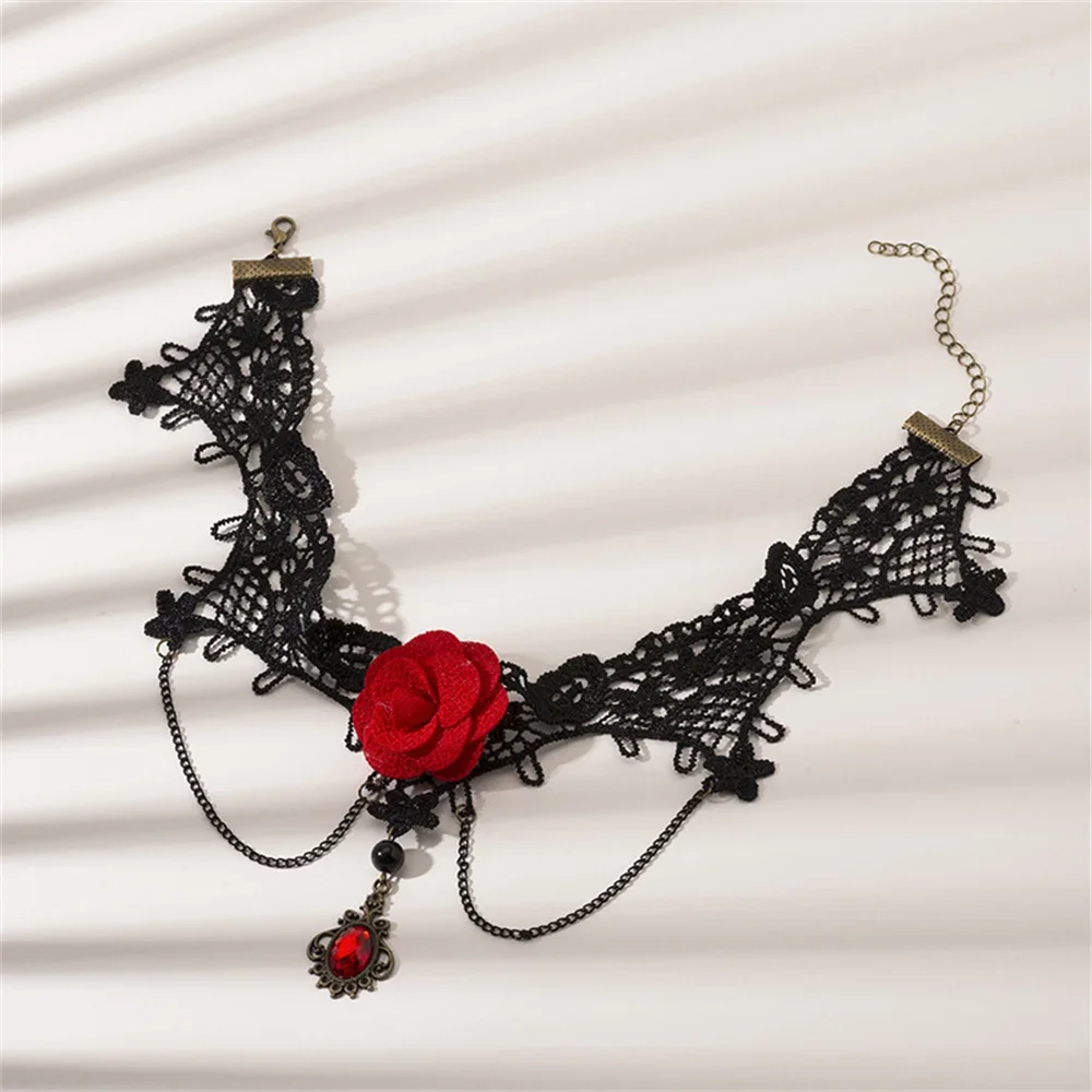 French Retro Black Color Lace Choker Necklace Gothic Flower Red Gemstone Pendant Necklace Women Short Collar Ladies jEWELRY