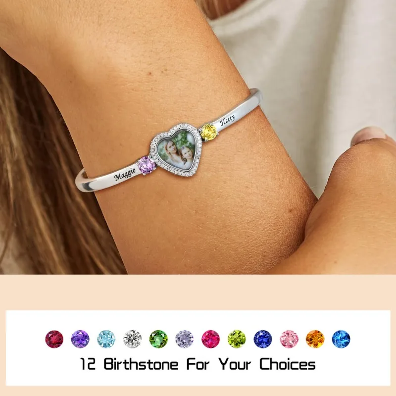 

Custom Name Birthstone Heart Picture Cuff Bracelet For Women Personalized 18K Gold Plated Stainless Steel Jewelry For Women Gift