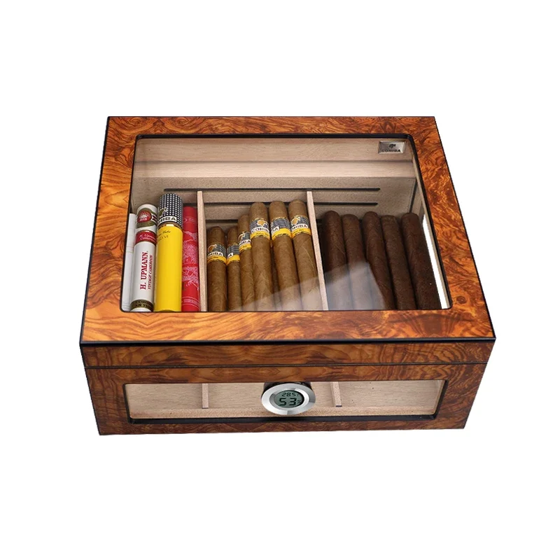 

325x275x130mm Cedar Wood Cigar Humidor Transparent Glass Windows Skylight Cigarette Storage Box Capacity 70 Cigars Case