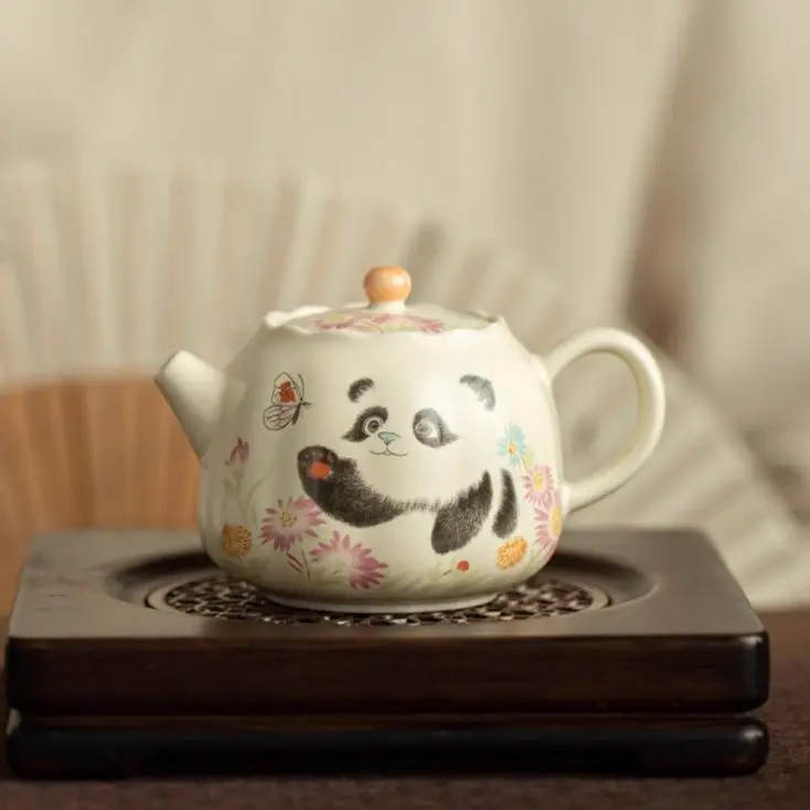 The Second Series Features Beige Panda Playing Butterfly Ceramic Tea With Handle A Handmade Chinese-Style Single Pot For Home