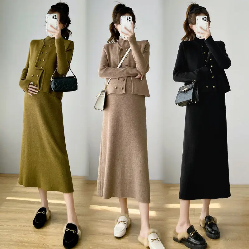 Maternity Wear Fall Winter Knitted Suit Korean New Dress Fashion Fall Winter Models Long Skirt Two-piece Set Pregnant Clothes