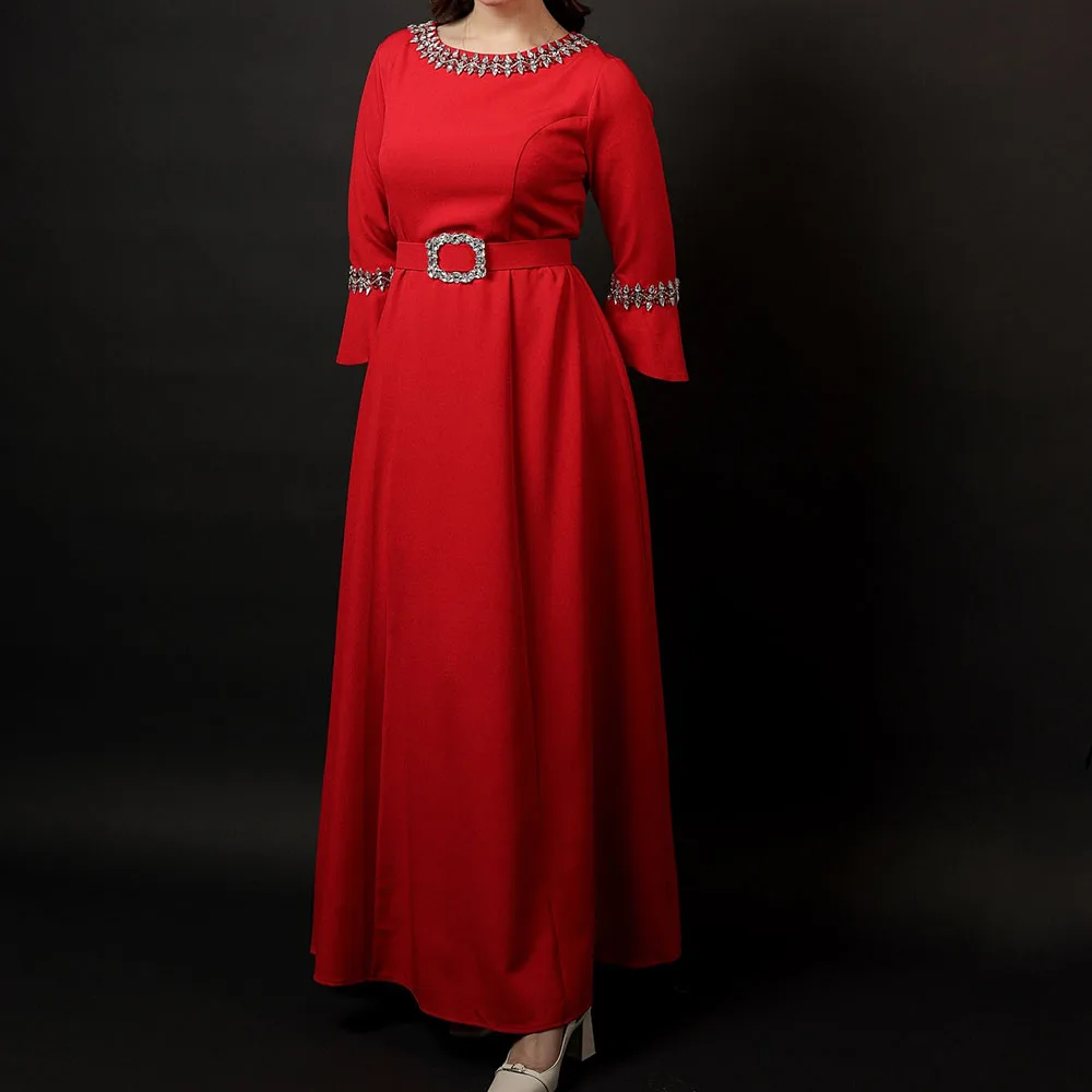 

Customized A-line Evening Dresses Ankle-length O-neck Three Quarter Sleeve Prom Gown Fashion Crystal Sashes Draped Party Gown