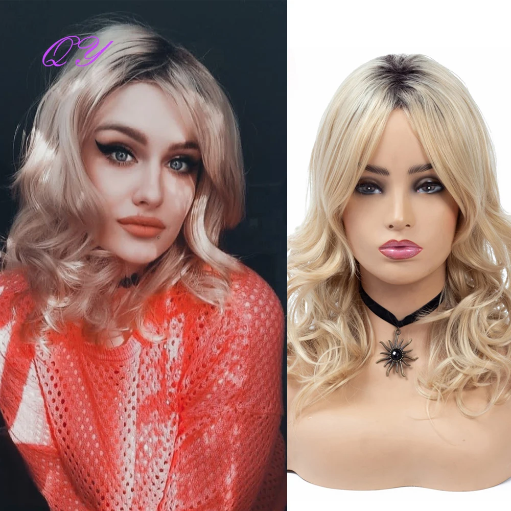 Synthetic Wig For Women Blonde Golden Natural Short Wavy Curly Middle Part Daily Party Wear High Temperature Ladies Hair Wigs