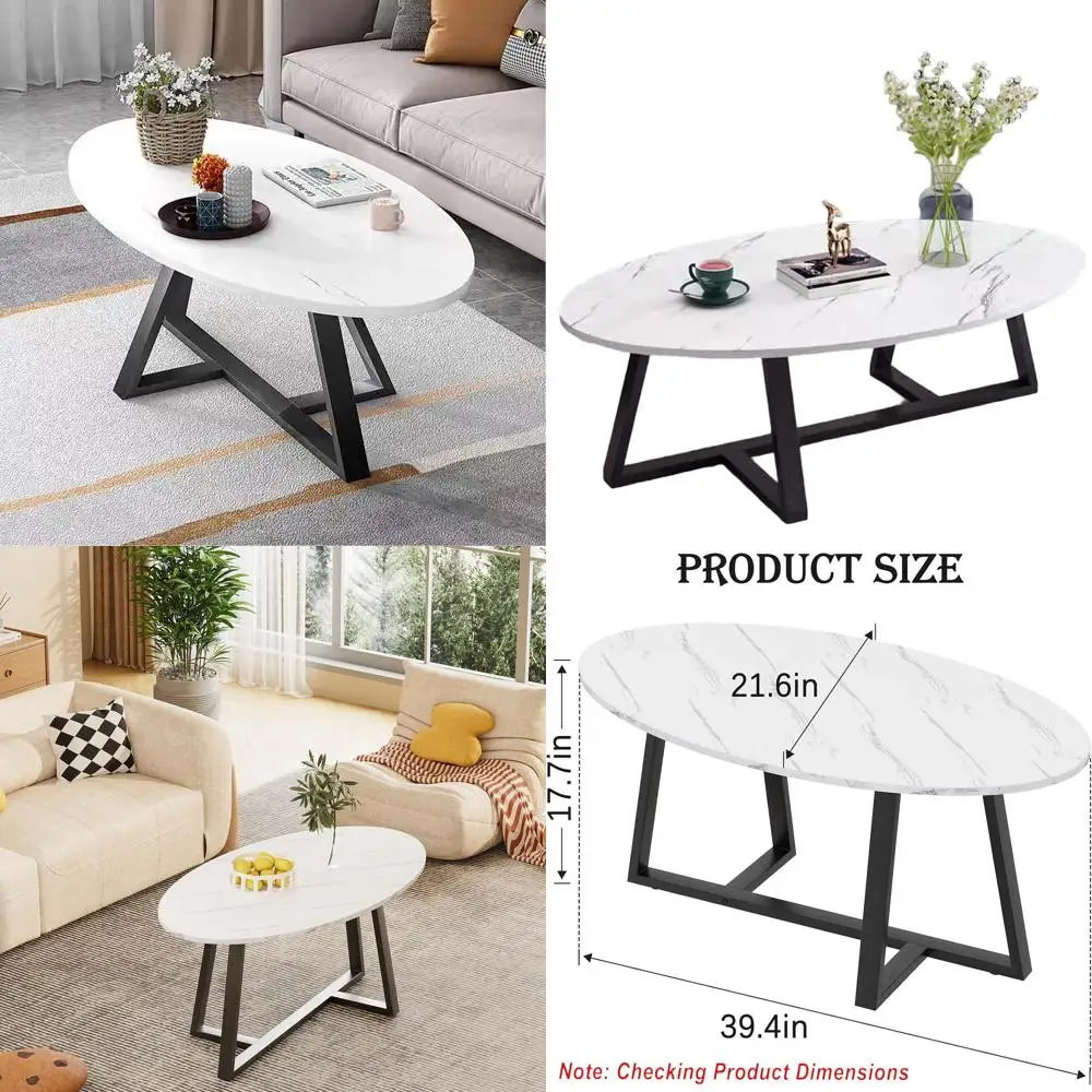 

Small Oval White Marble-Top Coffee Table for Living Room, Suitable for Small Spaces with Black Metal Legs