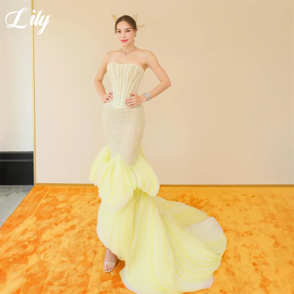 Lily Lemon Yellow Strapless Formal Gown Fully Beaded Prom Dress 3D Petal Pleated Mermaid Evening Dress Modern Style Customized