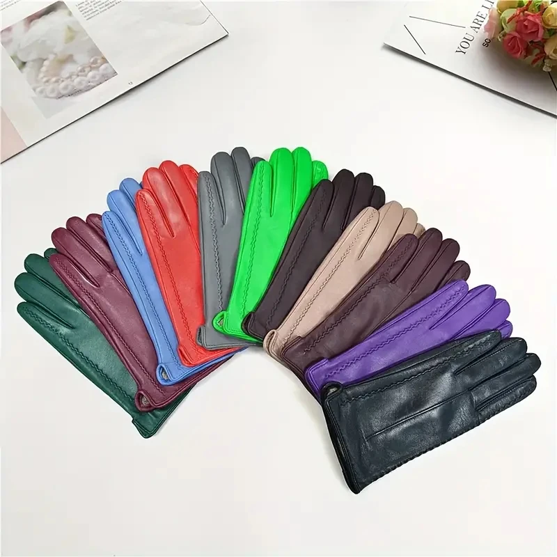 High-quality Trendy Fashion Women's Sheepskin Gloves in Winter Simple and Versatile Warm Fleece Outdoor Leather Leather Gloves