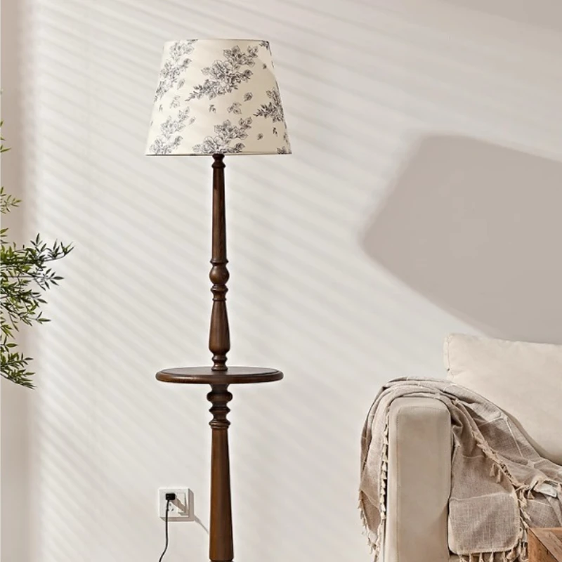 

French Retro Floor Lamps Glass Printed Lampshade Wood Art LED Bedroom Parlor Study Dining Hall Indoor Decoration Standing Lights