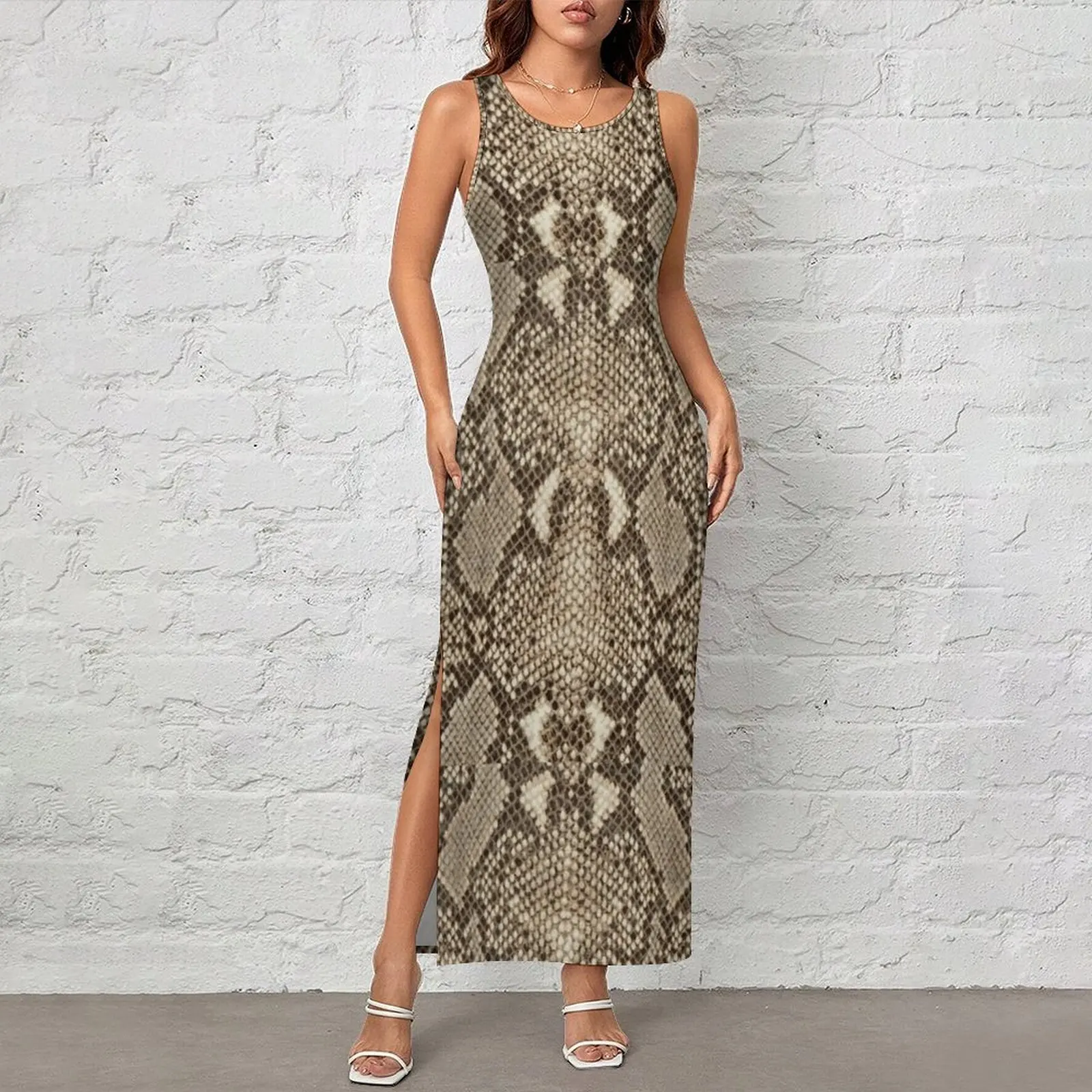 Women Bodycon Dress Club Sexy Brown Snakeskin Maxi Dresses Spring Animal Skin Print Sleeveless Aesthetic Graphic Dress
