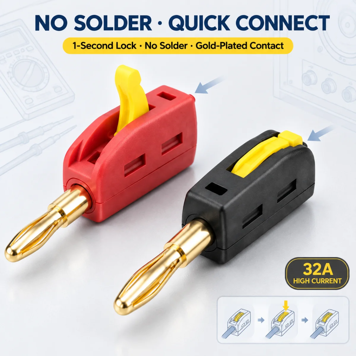 32A 4mm Banana Plug No Solder Quick Connect High Current 4mm Gold-Plated Banana Plug with Quick Connect No Welding Plug