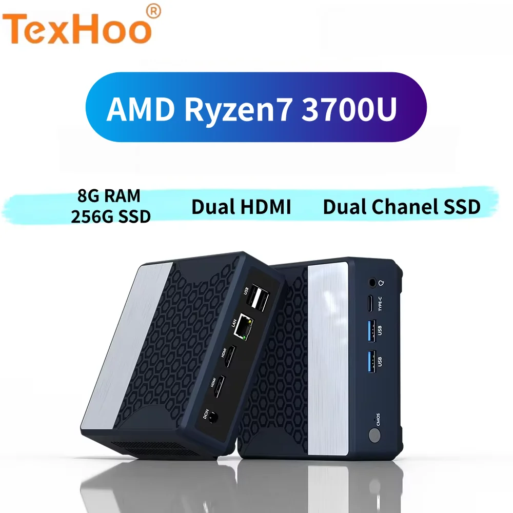 TexHoo Mini PC AMD Ryzen7 3700U up to 4.0GHz Vega10 DDR4 8GB M.2 2280 NVMe SATA 256G LAN*1 Dual HDMI WiFi6 BT5.2 Mini Desktop PC