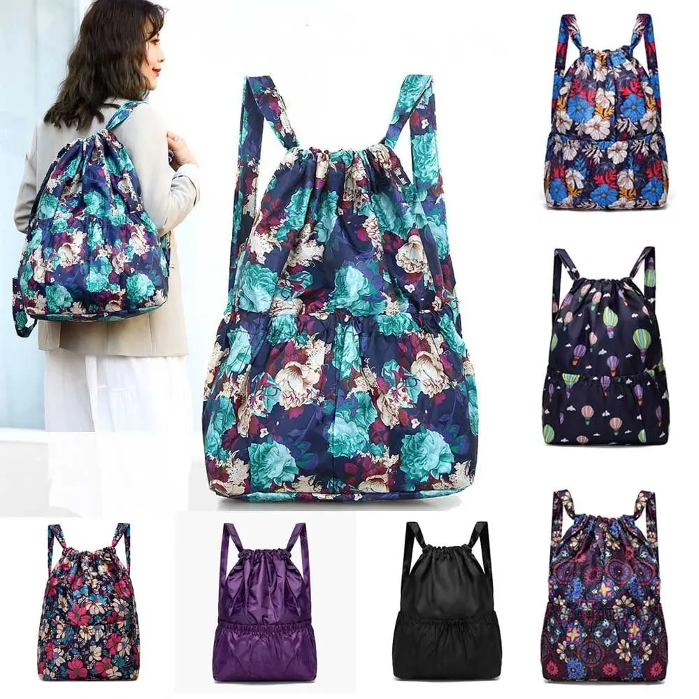Multifunctional Floral Printed Drawstring Bag Polyester Waterproof Backpacks Fold Sports Travel Bag Teenage Girls