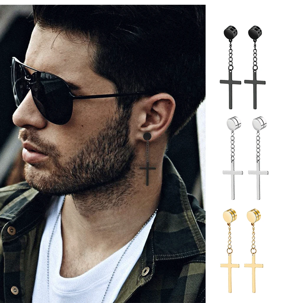 thumbnail image 2 of 2PCS Stainless Steel Cross Tassel Drop Earrings – Clip-On Non Pierced Fake Hoops 2 of 5