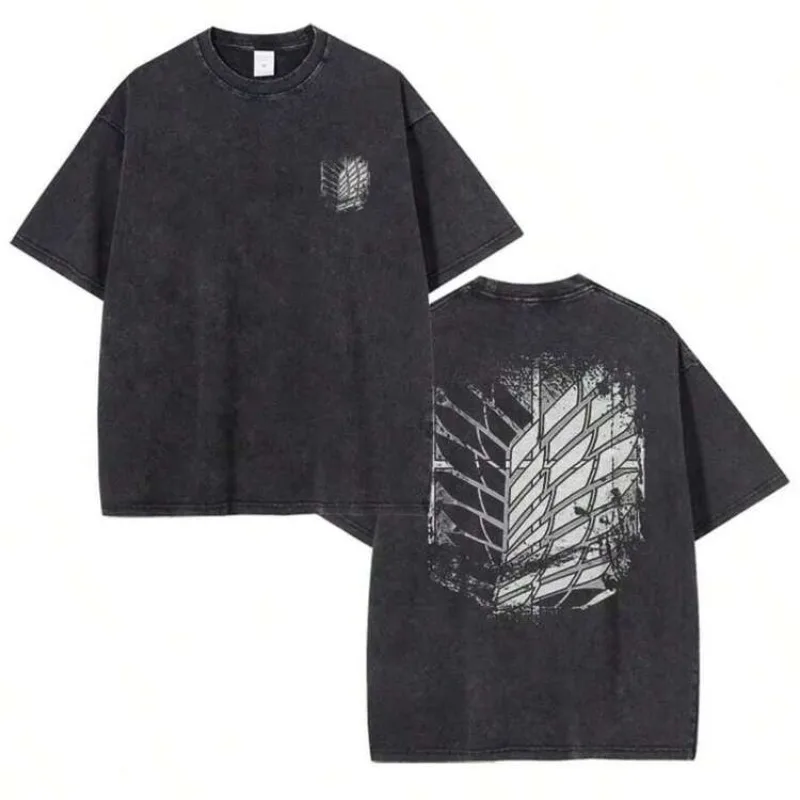 Anime Attack on Titan Vintage Washed Print T-shirt Mikasa Ackerman Eren Jaeger Wings of Freedom Logo Mens Summer Cotton T-shirts