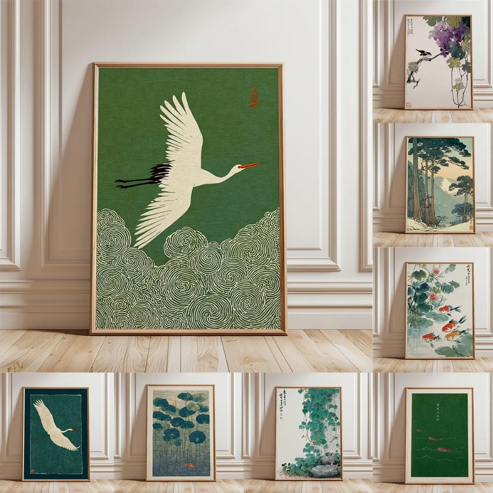Frameless,Misty Japanese Crane,Japanese Style Art Canvas Painting,Animal Poster Printing,Living Room Bedroom Wall Art Decoration