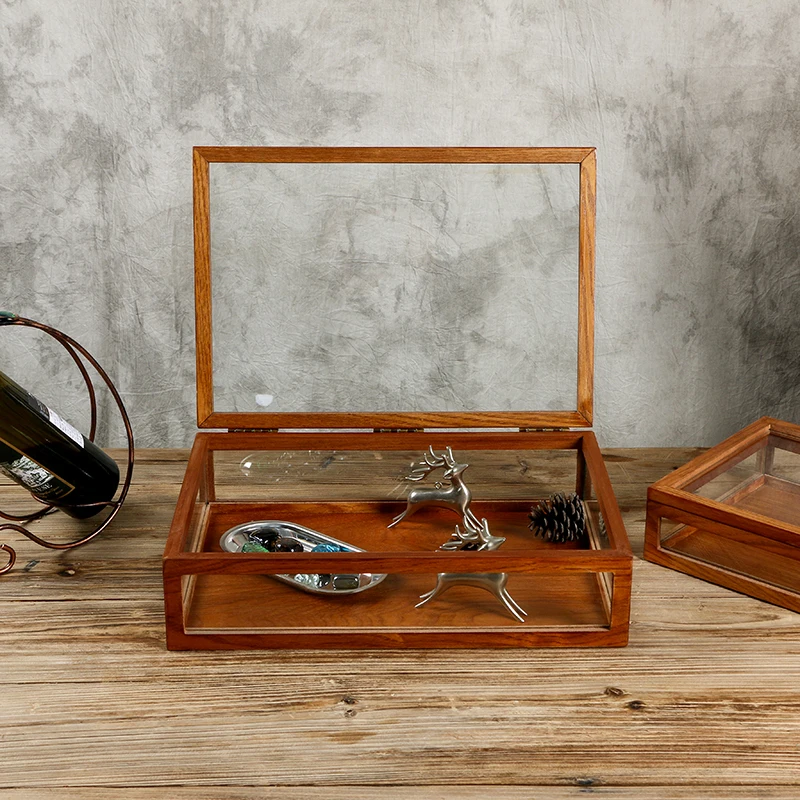 

Vintage Transparent Display Box, Glass Dustproof Makeup Organizer, Wooden Storage Case with Lid, Elegant Jewelry Display Holder