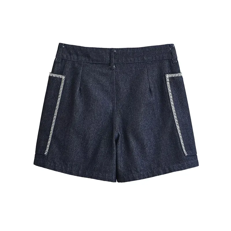 Nlzgmsj 2026 Vintage Denim Shorts Women High Waist Contrast White Stitching Large Patch Pockets Casual Short Pants