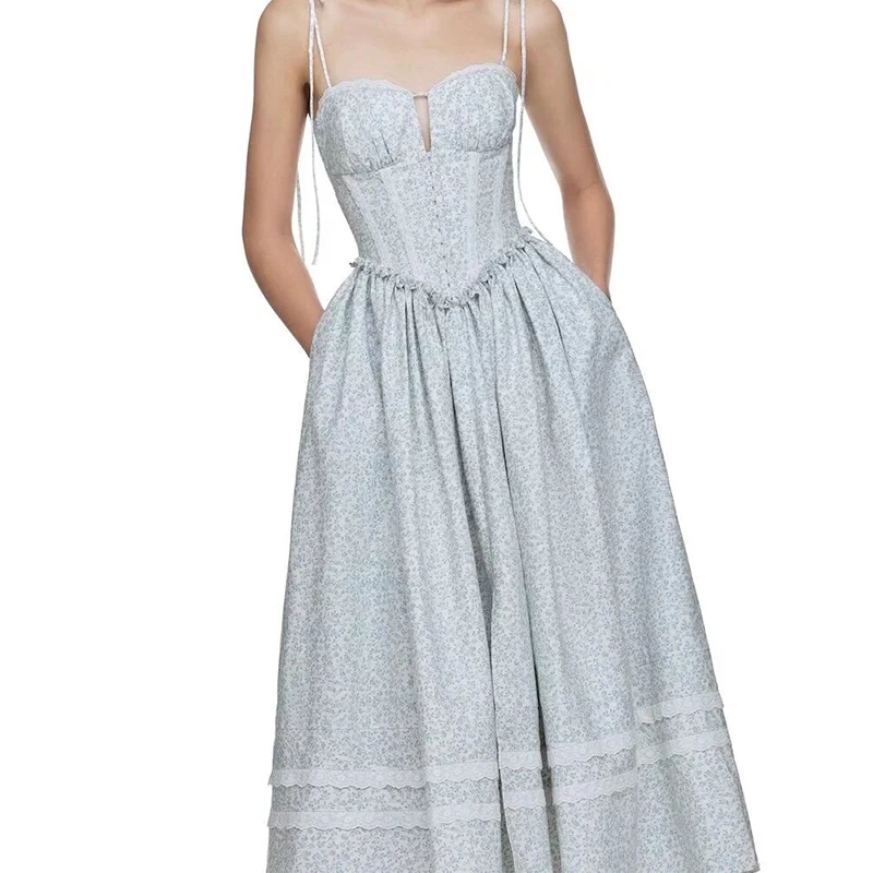 YENKYE Sexy Elegant Women Lace Spliced Blue Floral Print Midi Long Sling Dresses Low Waist Fit And Flare Party Dress Summer