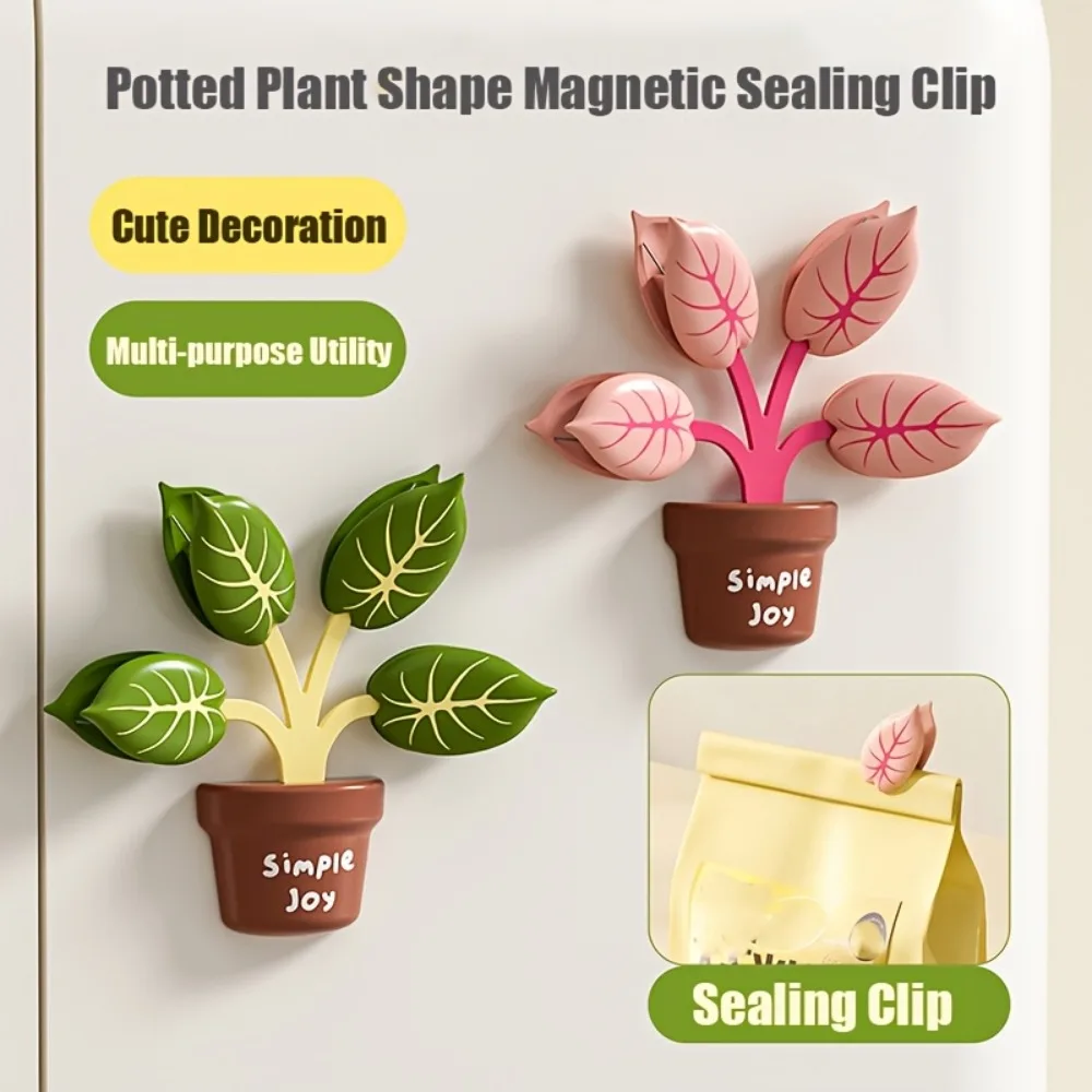 Plant Shaped Bag Clips Magnetic Base 4 Leaf Food Sealing Clips Cute Refrigerator Magnet Snack Bag Clips for Kitchen Home Storage