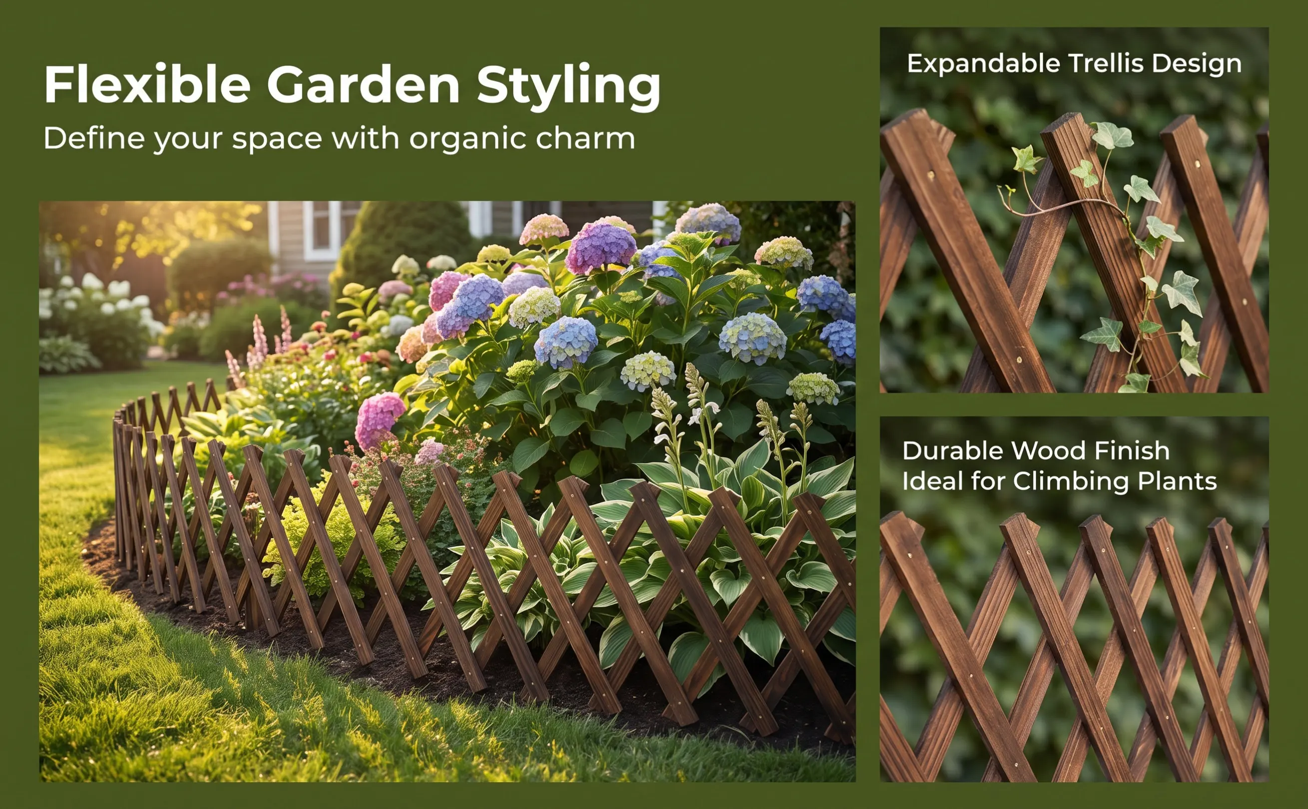 Expandable Wooden Garden Fence DIY Decorative Landscape Border for Yard Courtyard Outdoor Scene Layout Rustic Farmhouse Style