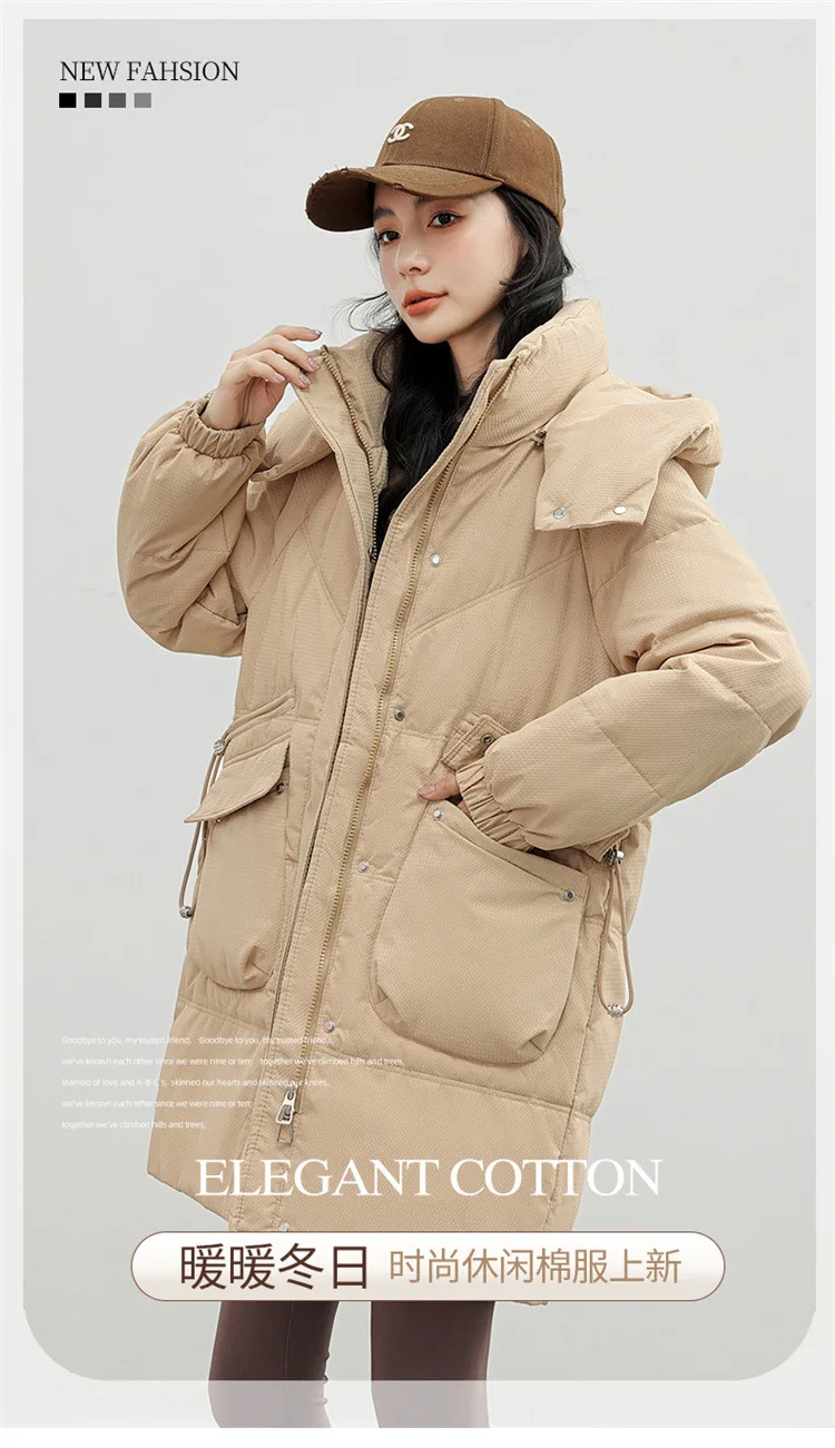 Women Mid Lenth Parkas Coats Hooded Overcoat Solid Drawstring Waist Zipper Pockets Loose Thick Elegant Casual 2025 Autumn Winter