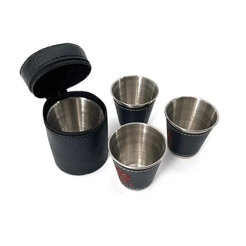 4pcs 30/70ml Outdoor Camping Tableware Travel Cups Set Picnic Supplies Stainless Steel Wine Beer Cup PU Leather