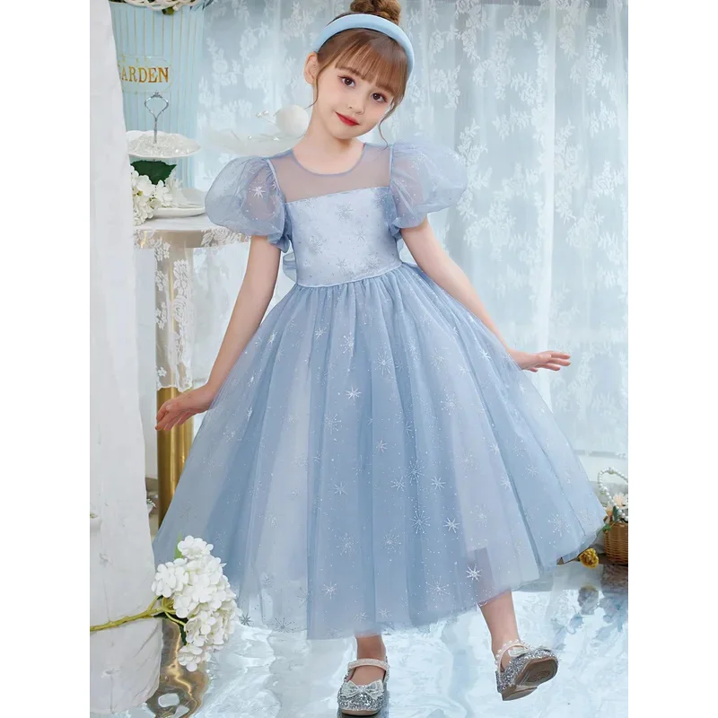 ใหม่ Elsa Light Blue Elegant ชุดเจ้าหญิงโบว์ใหญ่เด็กผู้หญิงเงาชุดผ้าพันคอสําหรับ Grand อย่างเป็นทางการพิธีวันเกิด Carnival Party