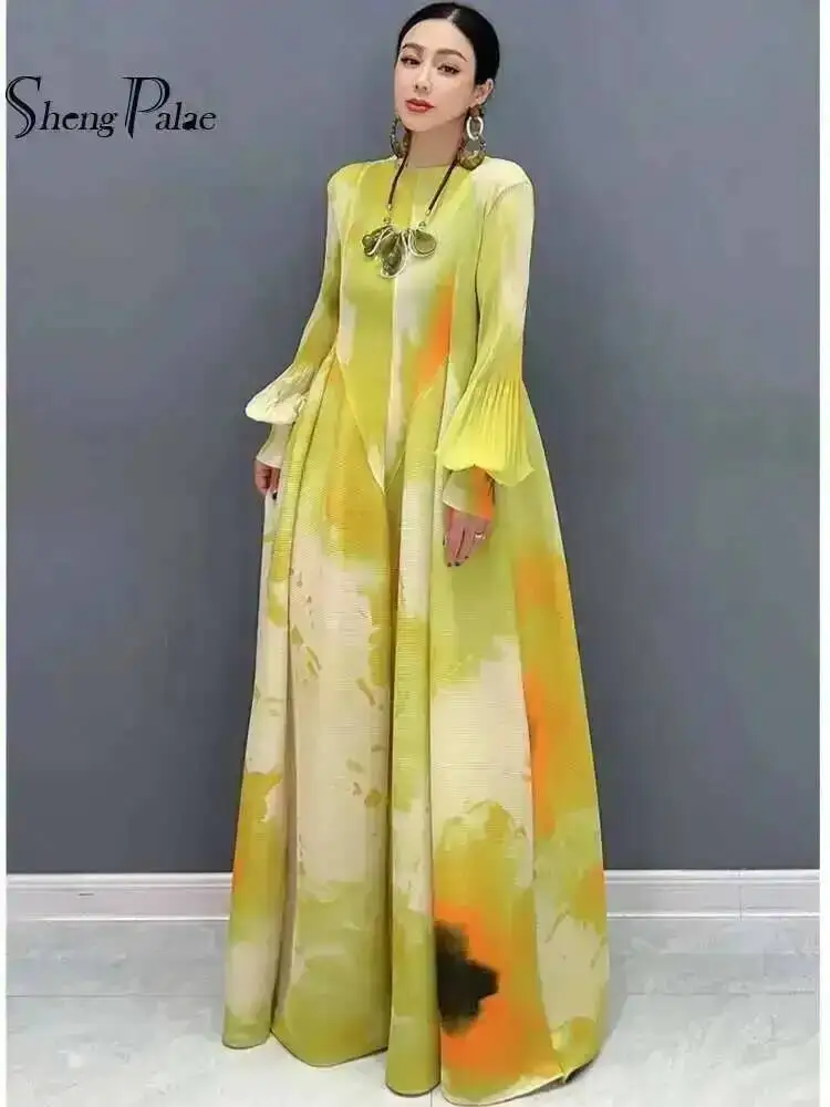 SHENGPALAE, novedad de verano, vestido plisado de gasa con empalme estampado, mangas de burbuja dobladas, vestidos elegantes con vuelo grande 5R9756
