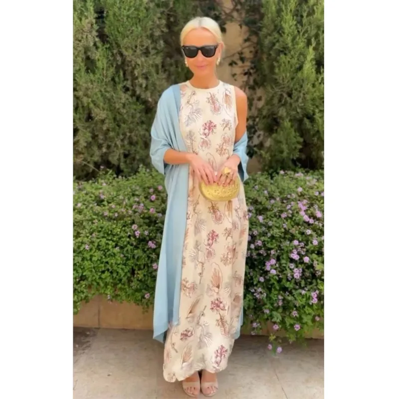 Women O Neck Sleeveless Long Dress With Long Sleeve Cardigan Outfit Retro Print Boho 2 Piece Sets for Spring Fall Vacation Suits