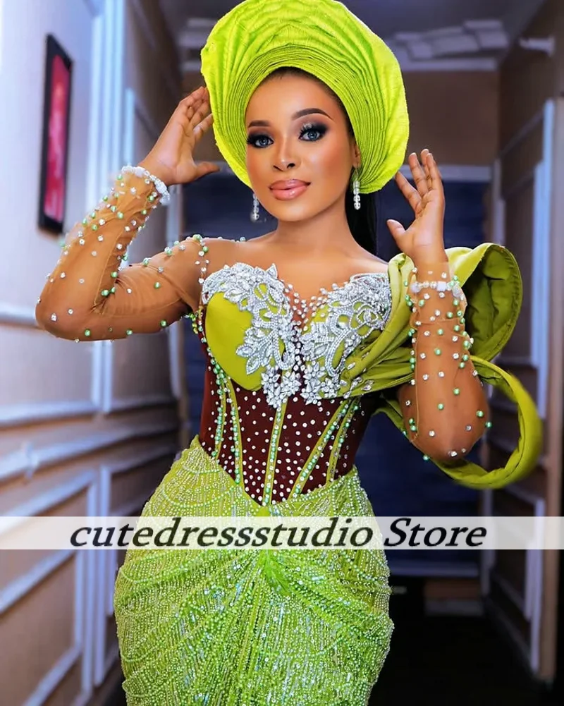 Green Yellow African Formal Long Mermaid Evening Dresses Sparkly Sequins Aso Ebi Nigerian Wedding Prom Party Gowns Customized
