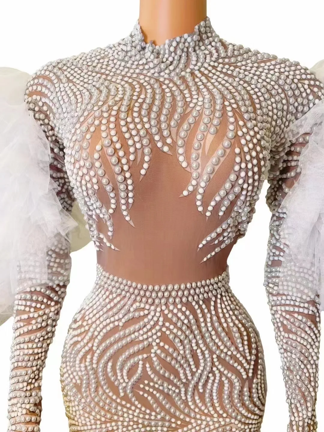 Vestido ajustado de encaje de malla transparente de hombro alto personalizado, vestido Sexy de perlas de alta elasticidad, vestido de fiesta de cumpleaños, Longuette de rendimiento