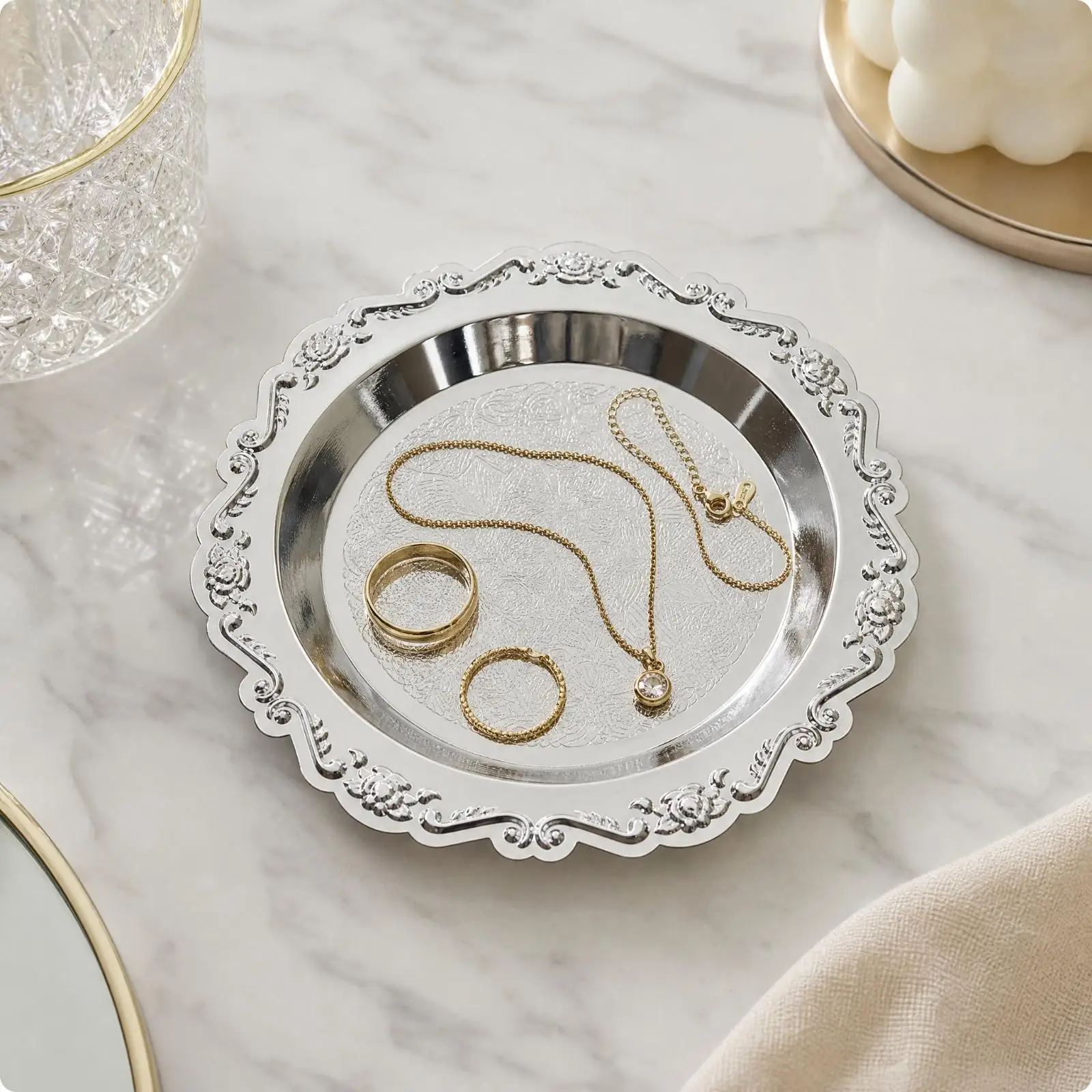 Classic Iron Serving Tray with Embossed Decor for Elegant Table Settings and Entertaining