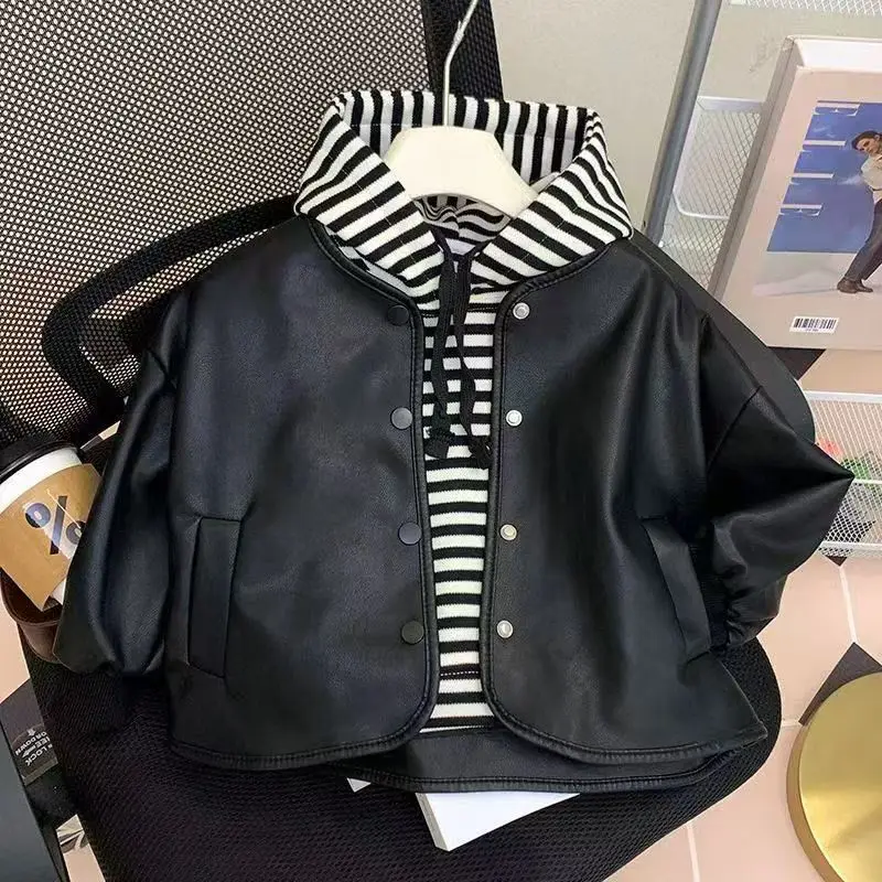 

Children's Spring And Autumn Outcoat Leather Jacket Two Piece Set 2025 New Boys' And Girls' Hooded Hoodie Fashion Leather Jacket