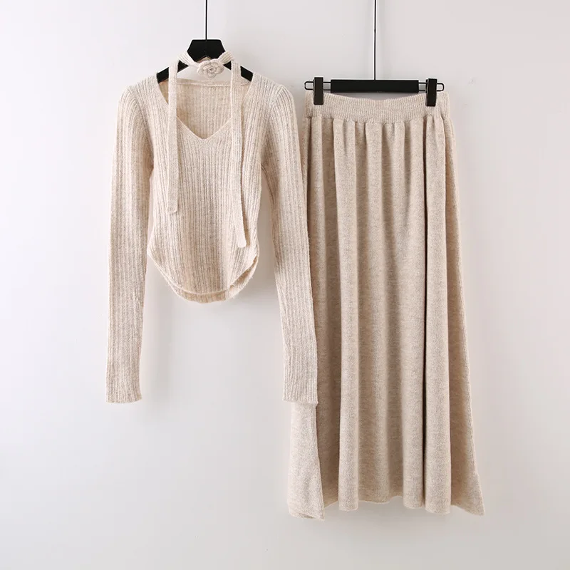 

SuperAen Korean Style Autumn New Women Long-sleeved Elegant V-neck Casual Tshirt A-line Long Skirt Two Pieces Sets