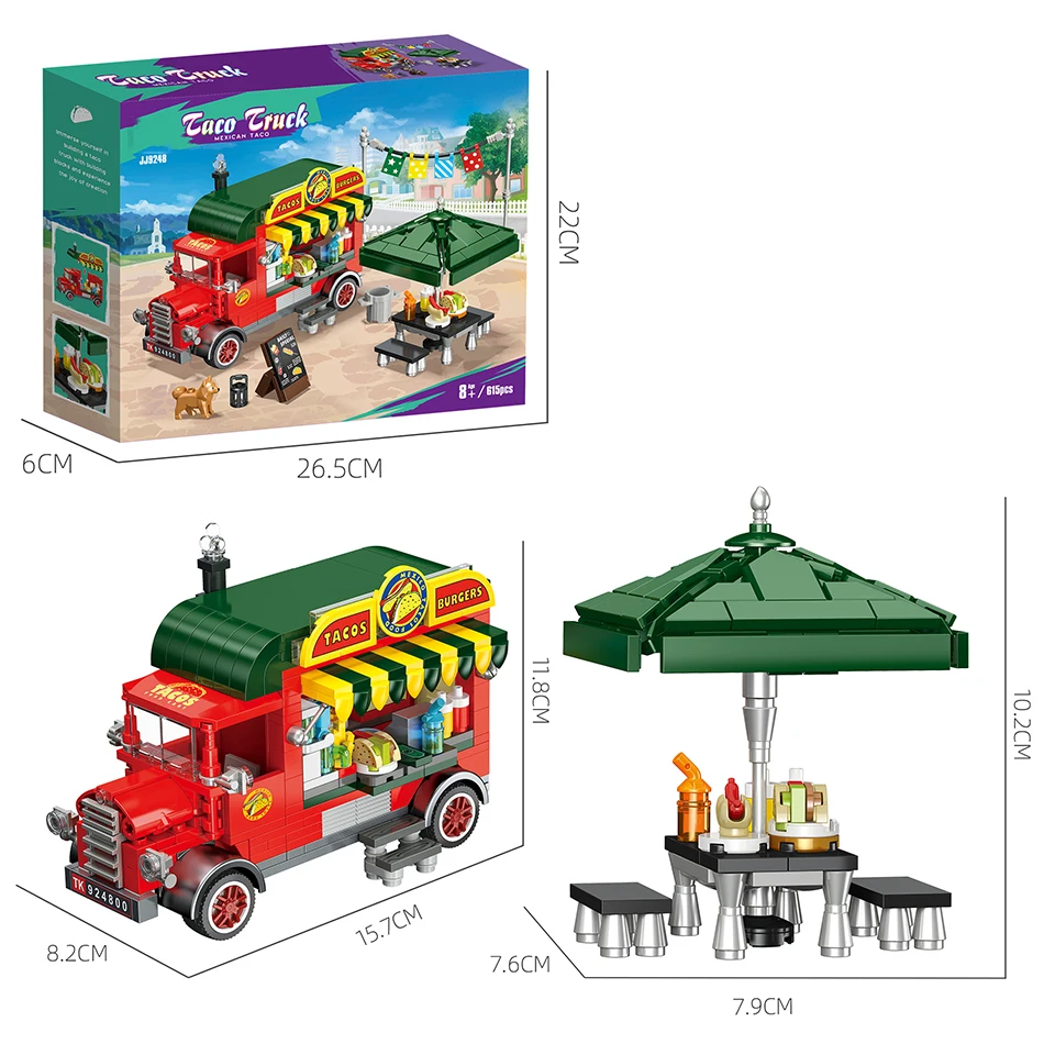 MOC Mexikanischer Taco-LKW-Bausteine, Erlebnis, Straßenverkauf, DIY-Desktop-Dekoration, Geschenk für Teenager, Erwachsene, Weihnachten, Geburtstag