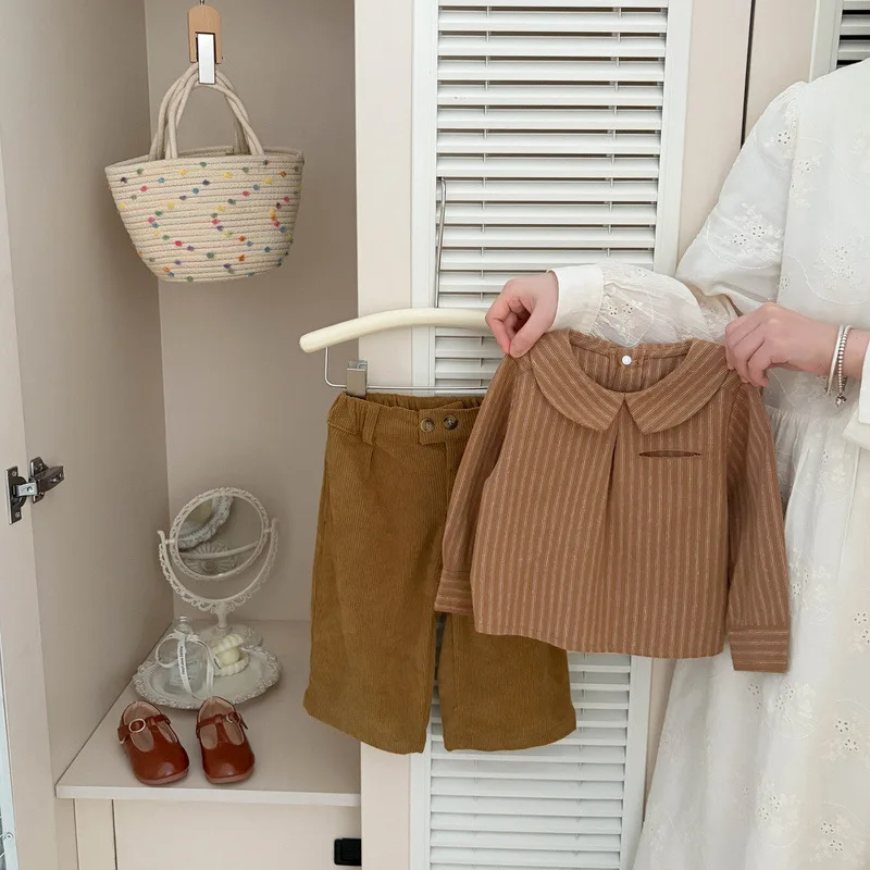 Girls Vintage Brown Striped Turn Down Collar Shirt Spring Autumn New Baby Doll Collar Loose Versatile Shirt Jacket