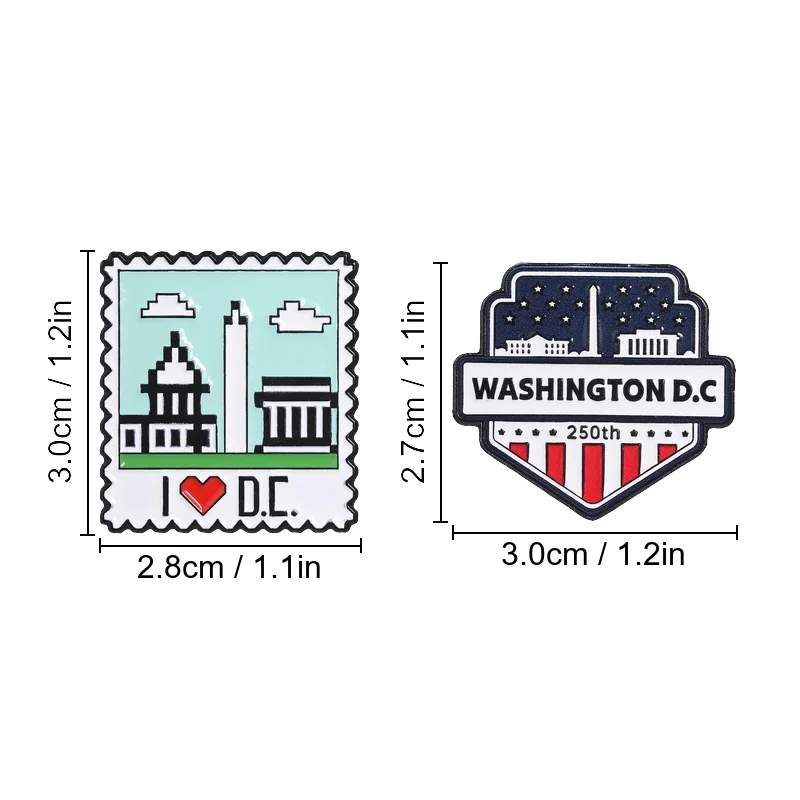 Washington DC Stamp Enamel Pin I Heart DC Landmarks Retro Travel Brooch for USA Lovers City Souvenir Style
