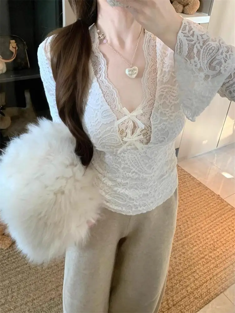 

Sexy V-Ne Long Sve Lace irt Women's Winter Slim Fit Waist Cinched T-irt Knot Base irt Inner Wear Top