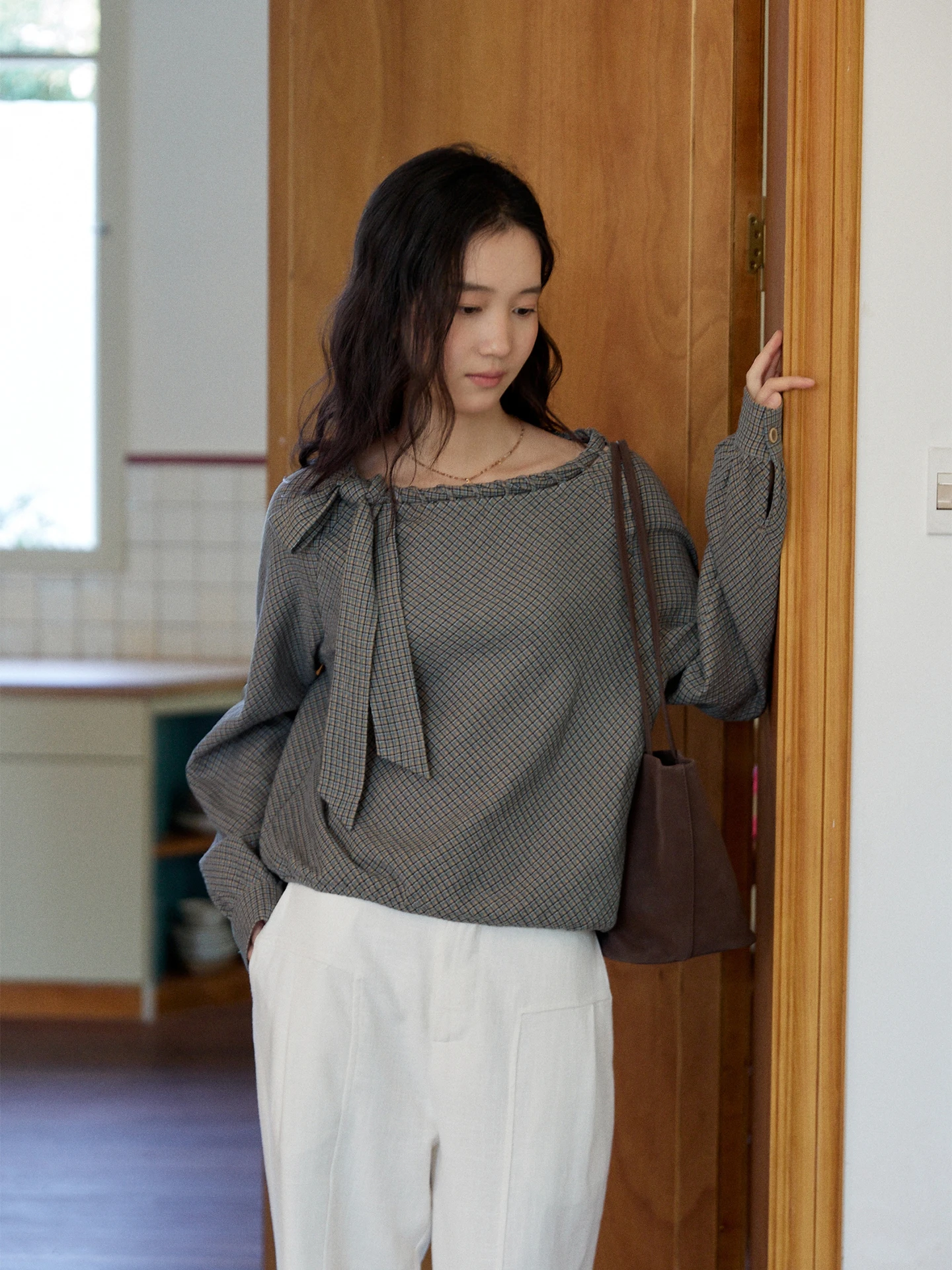 

MIXABO Vintage Plaid Knot Long Sve Cotton Loose Women's irt Spring Season Versatile Twisted Flower Top