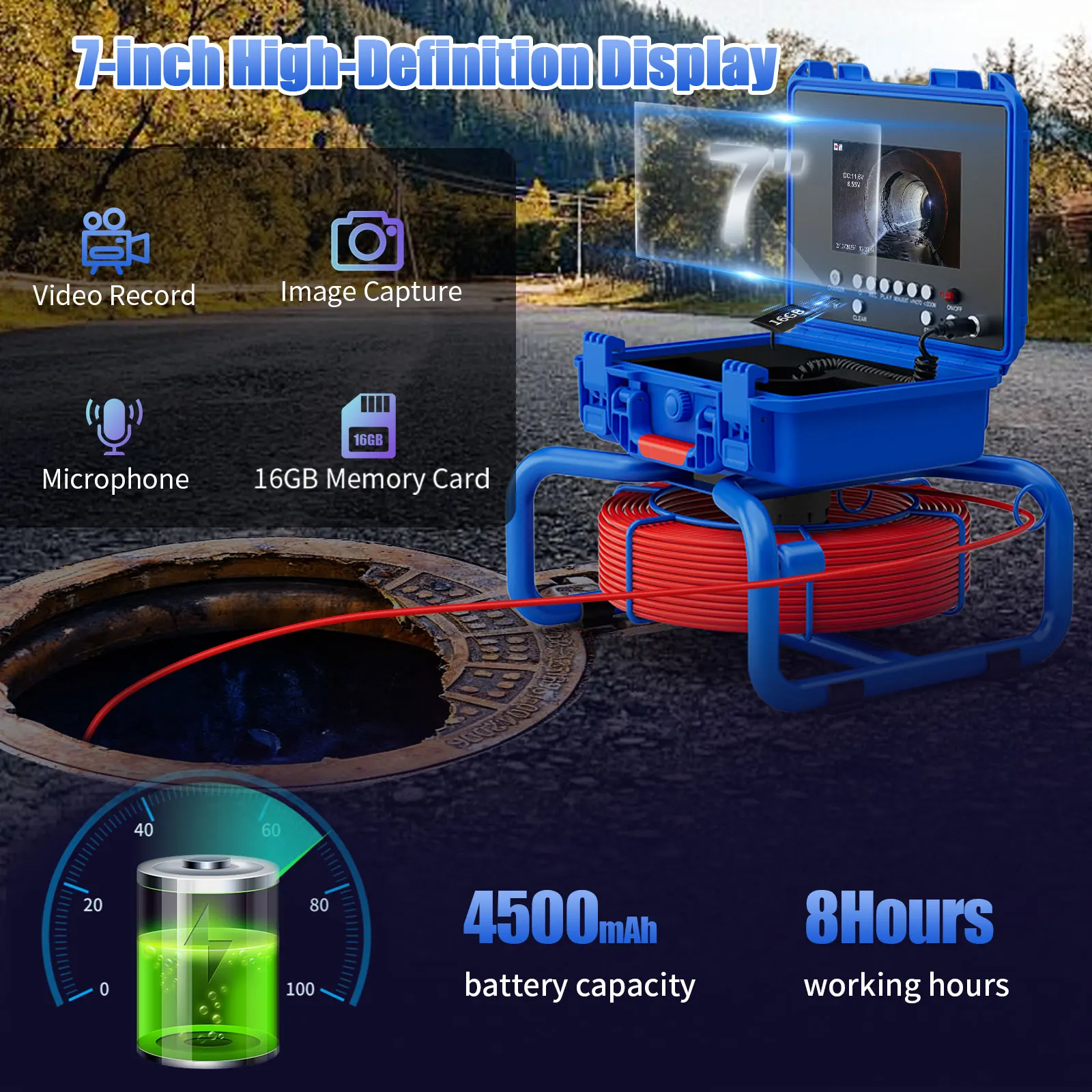 

DVR Pipe Inspection Camera 7" Monitor Borescope IP68 18MM Sewer Camera with 16GB 512Hz Locator 4500mAH 5mm 20-30M Cable